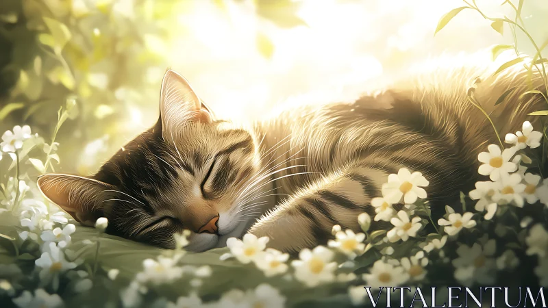 Peaceful tabby cat rests among gentle white flowers in warm sunlight