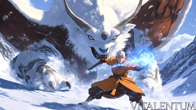 Shaved‑headed monk and large beast crossing snowy valley.