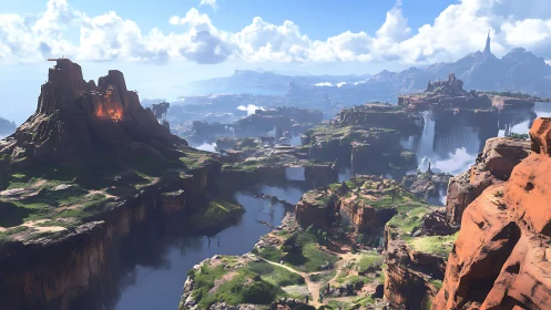 Panoramic Fantasy Landscape with Geological Mesa Formations and Waterway Networks.