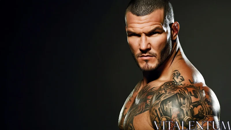 Muscular tattooed male portrait rendered in sharp photorealism