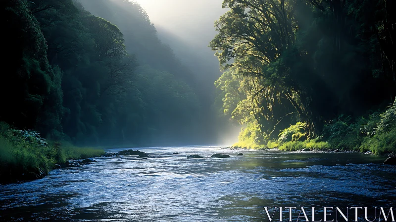 Sunlit forest river quietly winds through misty gorge