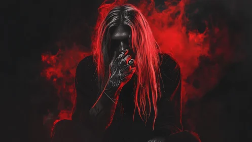 Dark figure with crimson smoke shrouds their hidden face.