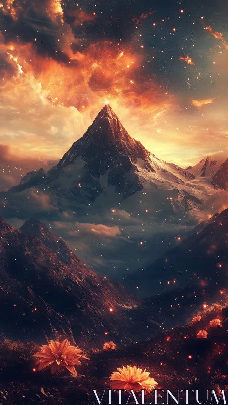 Volcanic sky illuminates snow peak and foreground luminous flowers