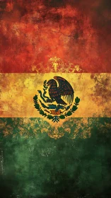 Weathered Mexican tricolor with fierce eagle emblem rising.