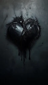 Shattered black heart dripping into a dark void background.