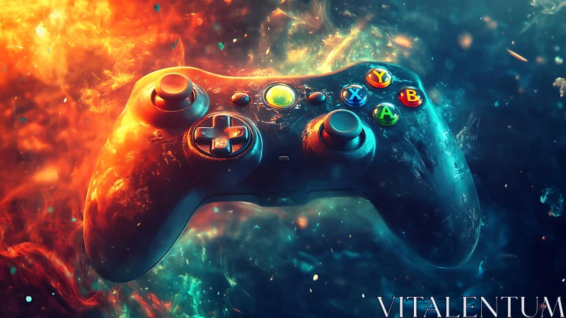 Gaming controller suspended in fiery and icy nebula glow.