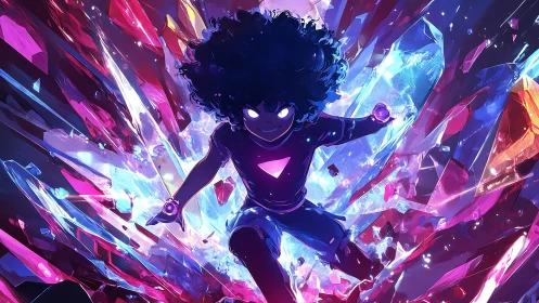 Energetic crystal-runner breaching neon refractive shards.