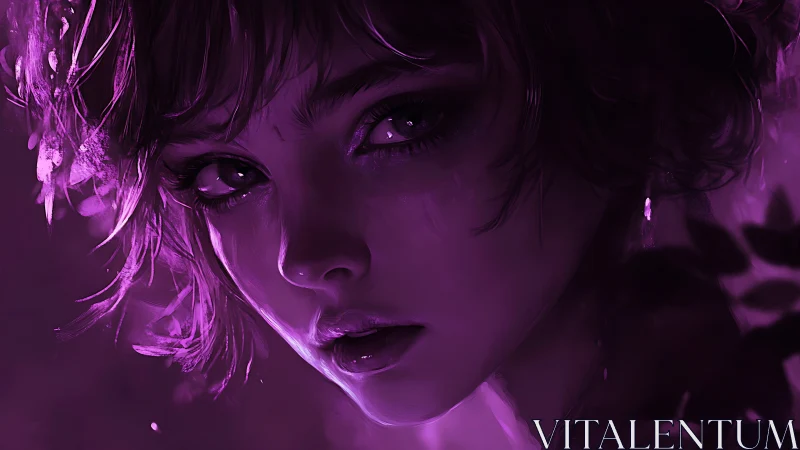 Violet dusk clings to her gaze as neon shadows learn to breathe