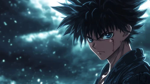 Storm-lit warrior locks eyes with destiny in midnight blue