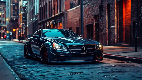 Midnight Mercedes prowls neon-washed cobblestone streets.