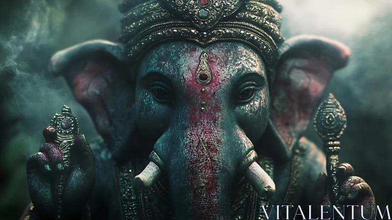 Serene elephant deity bathed in misty, glowing light.