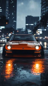 Midnight rain-runner coupe blazing neon puddle trails.