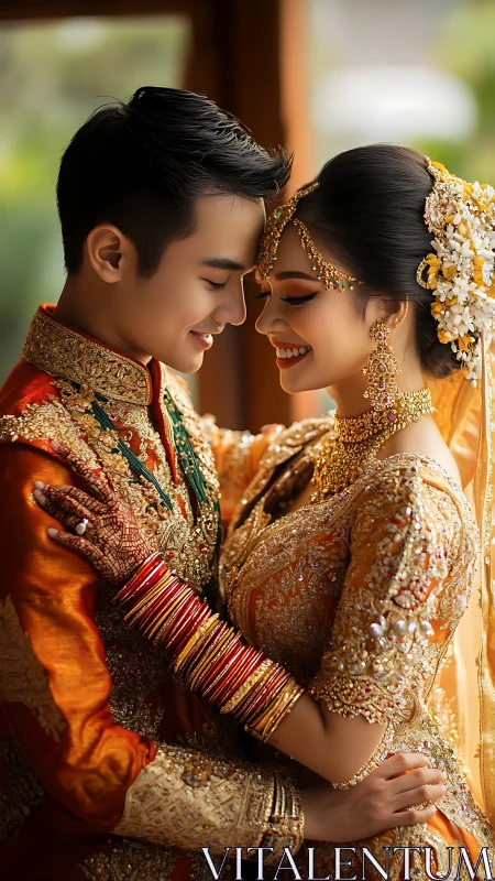 Close portrait captures intricately embroidered South Asian bridal couple