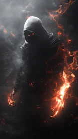 Hooded fire wielder emerging from swirling shadow and smoke.