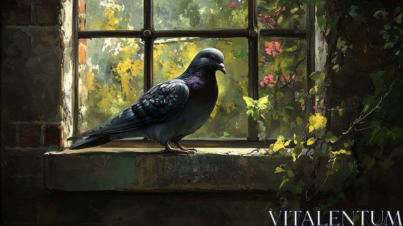 Dark Pigeon Perched on Weathered Windowsill