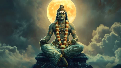 Seated mythic figure is centered before full moon backdrop