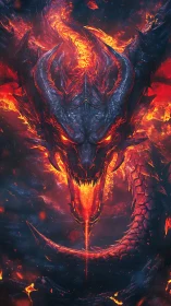 Fiery serpentine dragon over molten lava and smoke field.