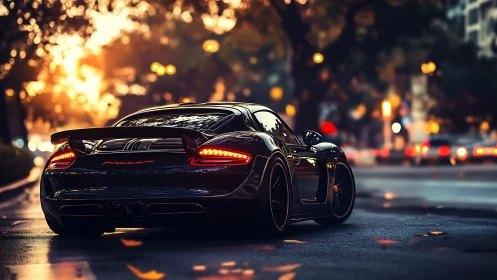 Midnight coupe prowls through ember-lit autumn streets