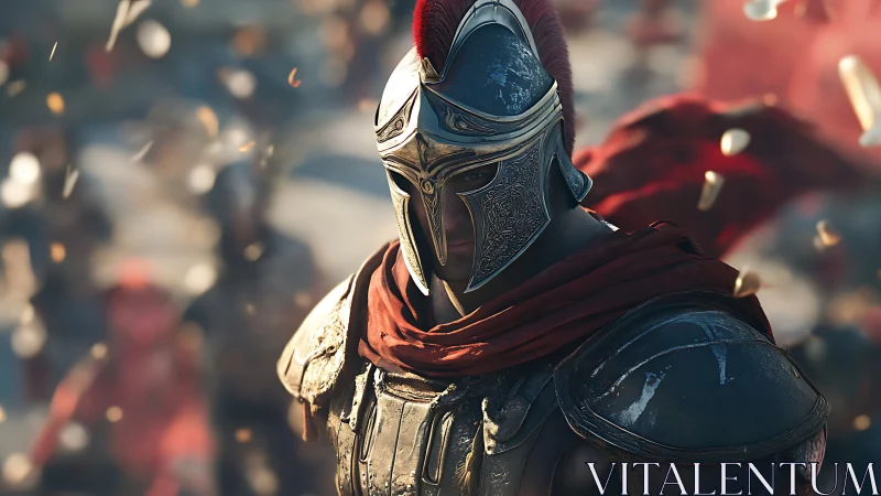 Armored warrior in ornate helmet amid cinematic battle field.