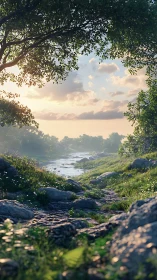 Sunlit forest creek with rocky path and volumetric haze.