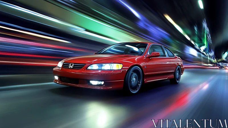 Scarlet coupe streaks through neon city in electric motion.