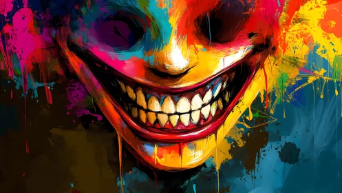 Vividly saturated demonic grinning mask in abstract splatter field