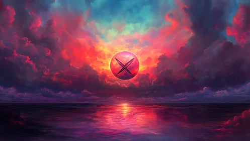 Celestial orb cuts neon sunset over mirrored ocean horizon.