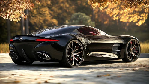 Gleaming black supercar glides through a calm autumn setting