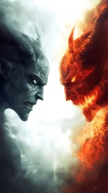 Elemental demons clash in mirrored fire and frost confrontation.