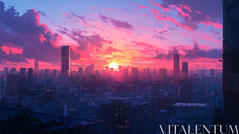 Neon dusk skyline over dense cityscape in magenta light.