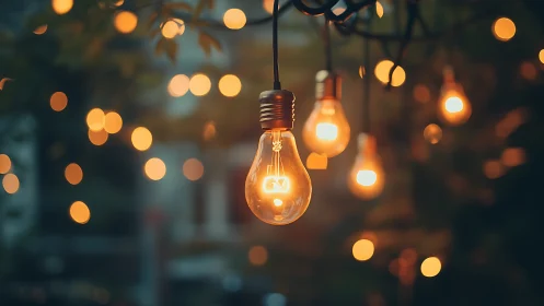 Hanging filament bulbs with defocused outdoor background.