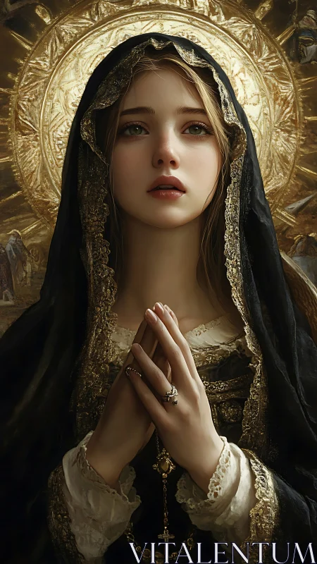 Portrait depicts veiled woman before ornate circular halo