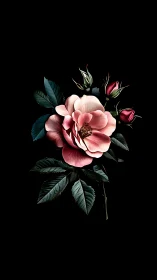 Pink Rose Bloom Against Black Background with Delicate Buds