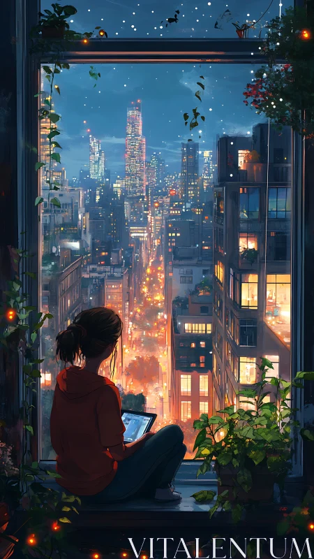 Person on window ledge observing illuminated city street below.