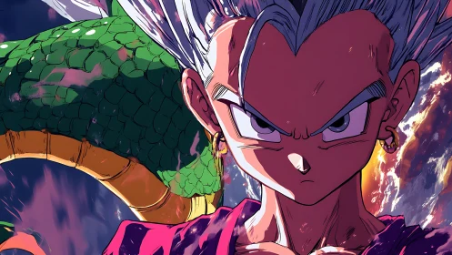 Serious anime fighter faces viewer with coiled green dragon