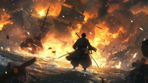 Lone warrior steps through burning waves toward falling ships.