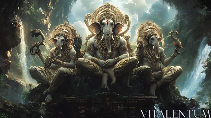 Triptych of Ganesha deities in ornate jungle shrine composition