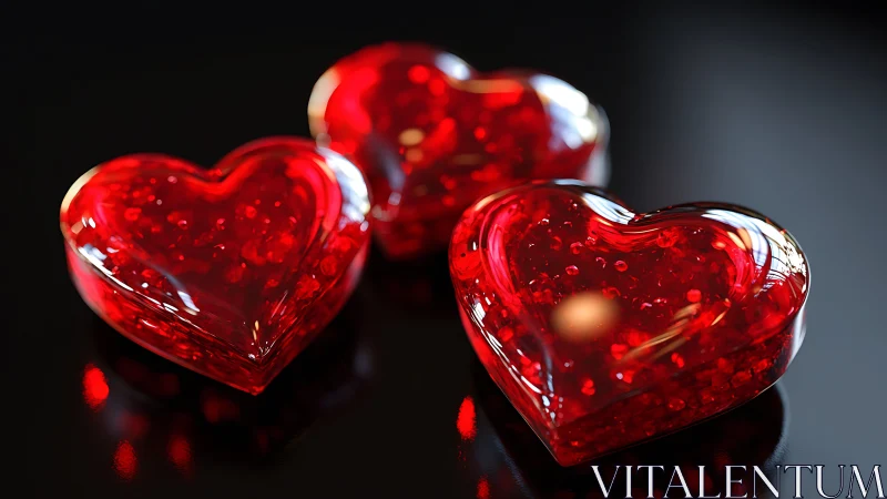 Three transparent red heart-shaped objects with internal bubble effects