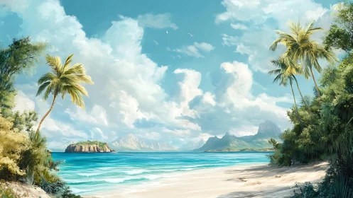 Coastal landscape with palm trees, mountains, and turquoise water.