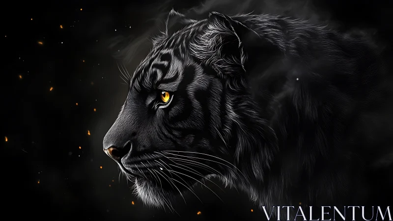 Profile illustration of black tiger with glowing eye detail.