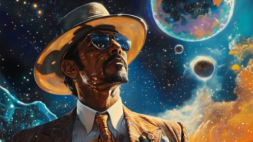 Stylized suited figure observes multicolored planetary nebulae in space