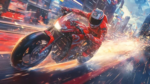 Cyber racer leans into fiery speed through neon city streets.