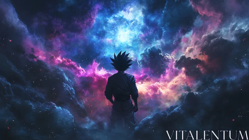 Cosmic warrior gazes into a glowing nebula sky of destiny