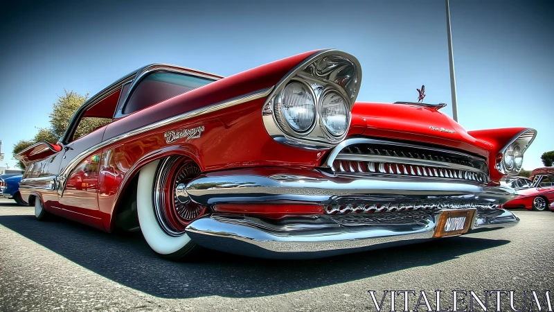 Red classic lowrider car with chrome details at show.