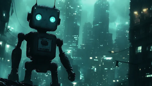Boxy robot stands in rainy neon cityscape at night