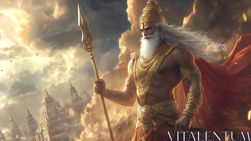 Regal warrior god strides through glowing celestial clouds.