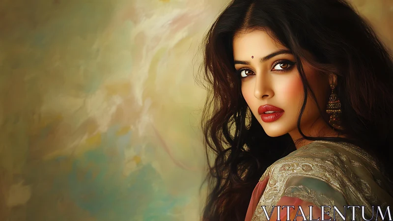 Woman in traditional attire poses against soft abstract backdrop