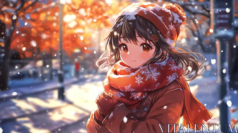 Winter city sidewalk anime girl in orange scarf and hat.