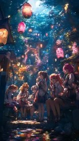 Lantern-lit schoolgirls gather in a dreamlike forest alleyway.