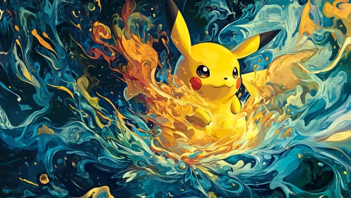 Playful Pikachu dancing through swirling electric color.